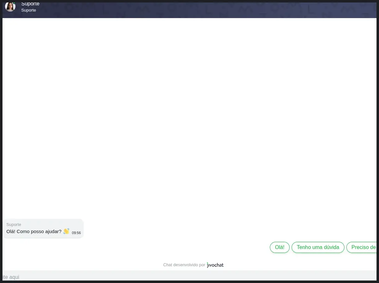 Widget de chat ao vivo de suporte do Ganho Rápido, mensagem de saudação "Olá! Como posso ajudar?" com botões de resposta rápida, 20.10.2026