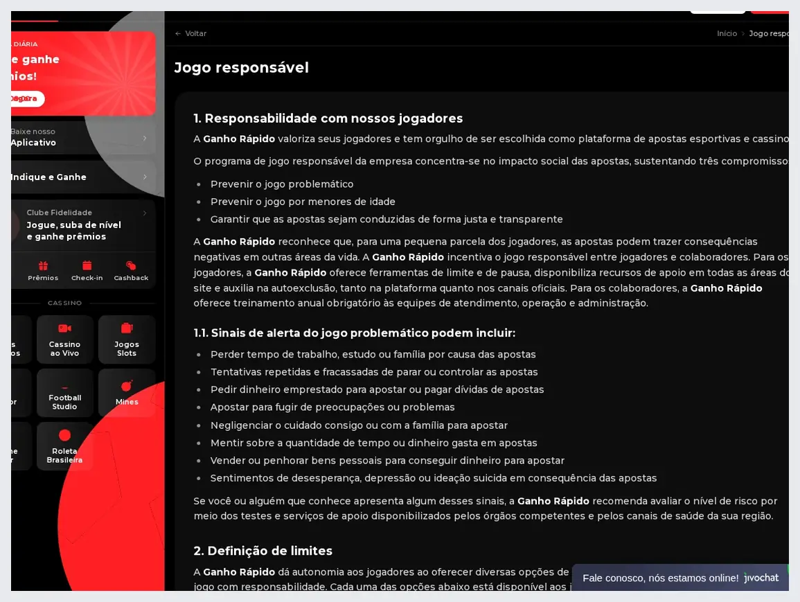 Página de política de jogo responsável do Ganho Rápido, título "Jogo responsável" e lista de sinais de alerta de jogo problemático, 20.10.2026