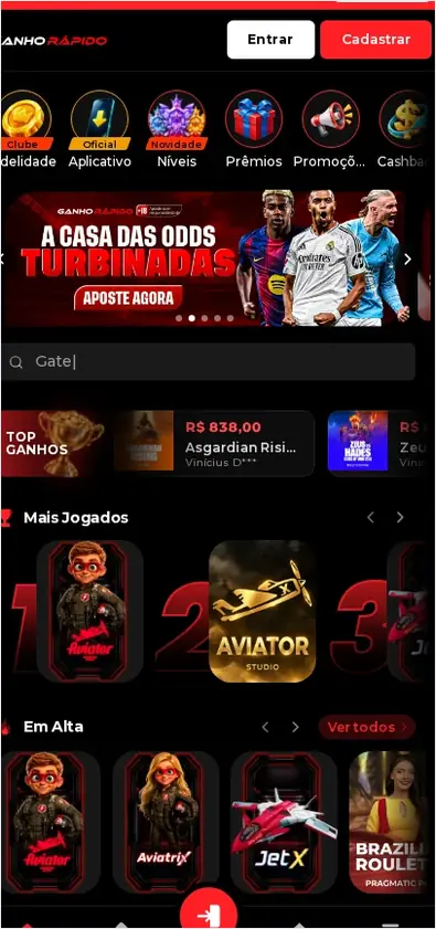 Página inicial móvel do Ganho Rápido, lobby de jogos com banner "A CASA DAS ODDS TURBINADAS" e navegação inferior, 20.10.2026