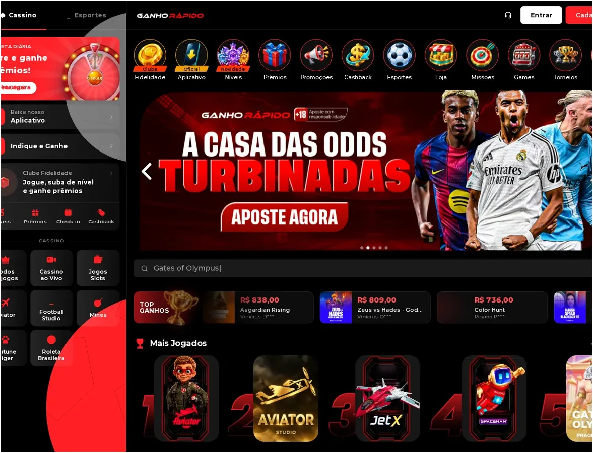 Página inicial do Ganho Rápido Casino, banner hero "A CASA DAS ODDS TURBINADAS" com botão "APOSTE AGORA", 20.10.2026