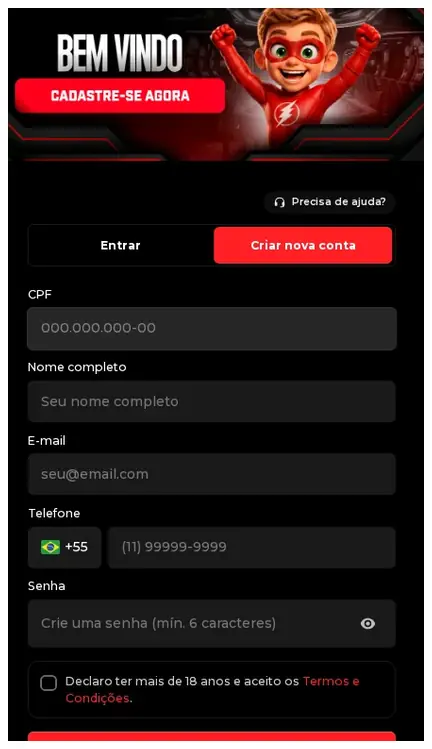 Formulário de registro do Ganho Rápido, botão "Criar conta" e campos de criação de conta, 20.10.2026